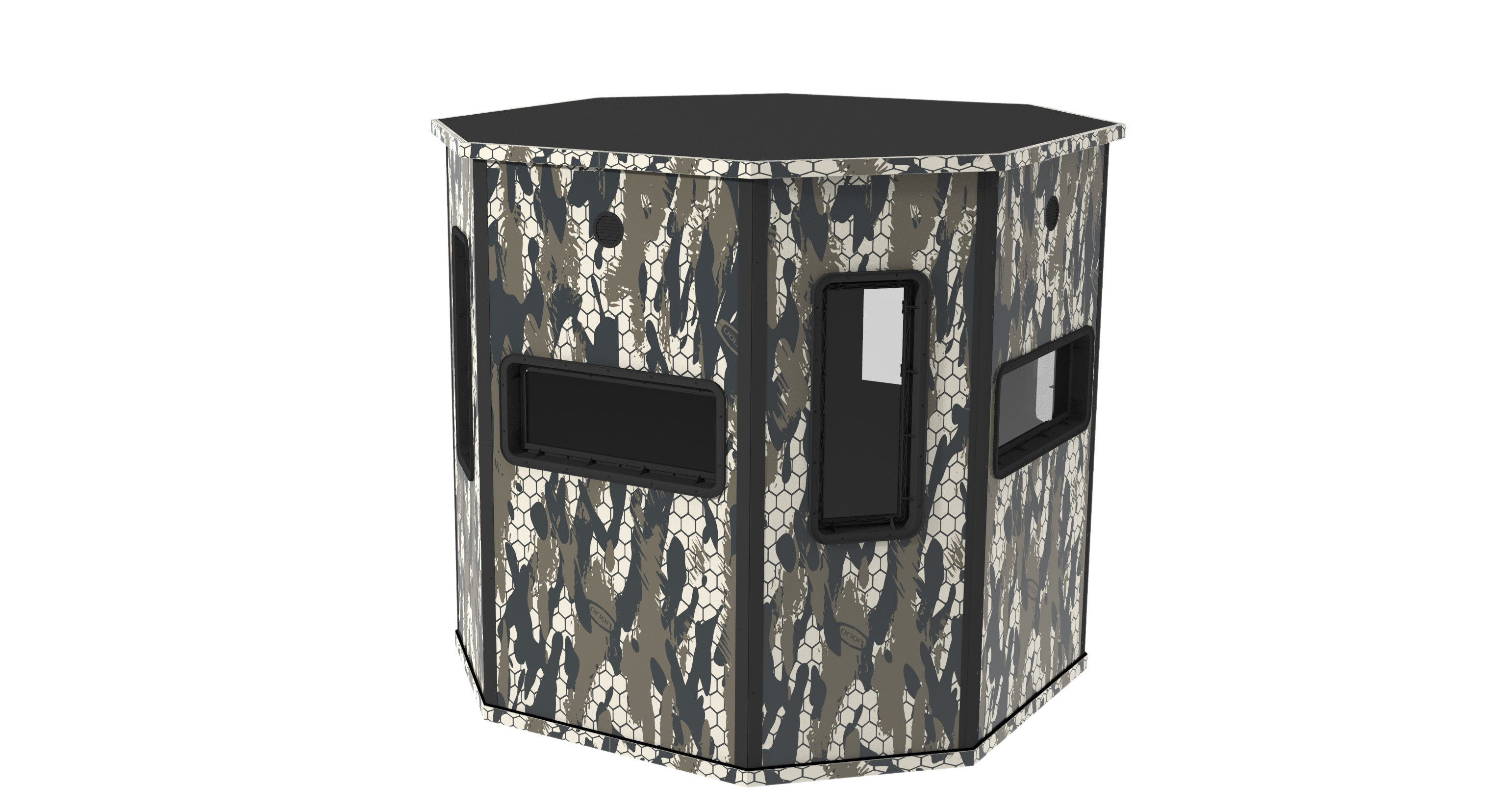 A modular deer hunting blind with tinted windows, camouflage pattern, made of aluminum and carpet, designed for 7ft x 7ft space.